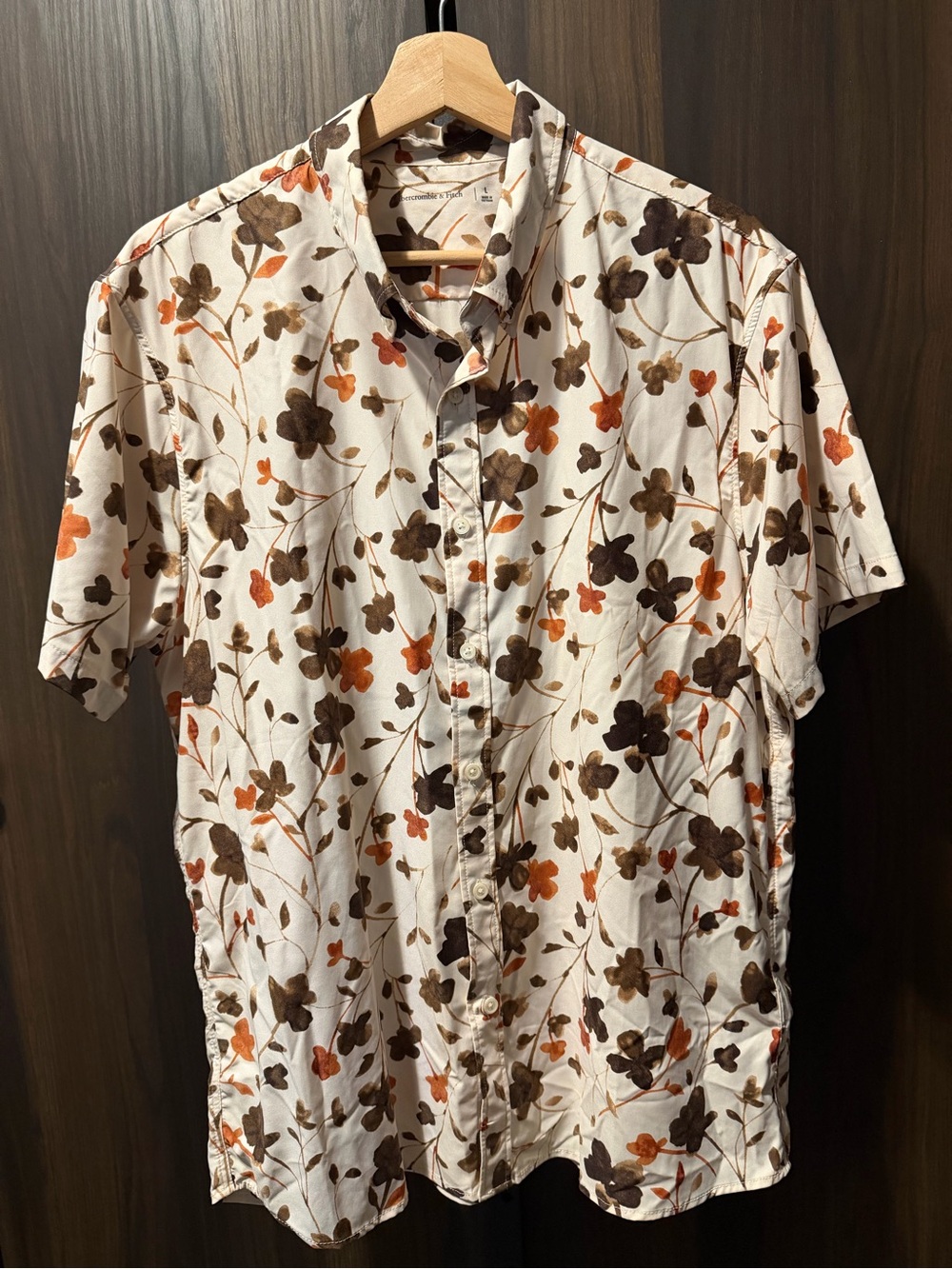 Abercrombie & Fitch Performance Button-Up Short Sleeve Shirt Brown Floral Large